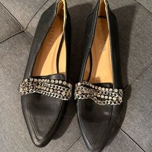 XOXO Black Loafers with Silver Chain Accent
